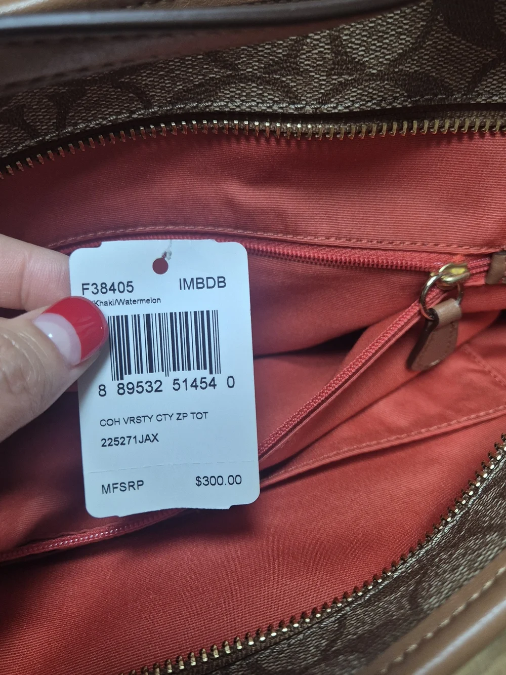 Coach Tan Signature Canvas Tote with Pink and Red Stripe